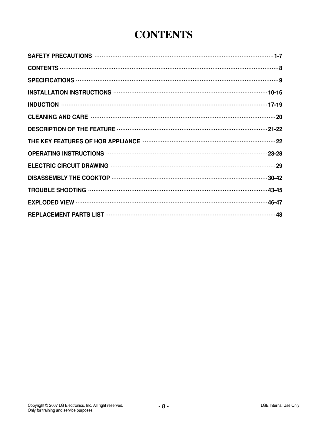 LG Electronics LCE30845 service manual Contents 