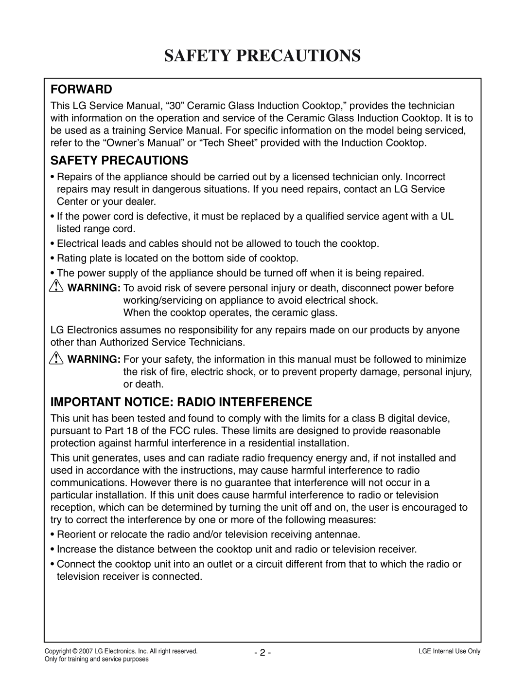 LG Electronics LCE30845 service manual Safety Precautions, Forward, Important Notice Radio Interference 
