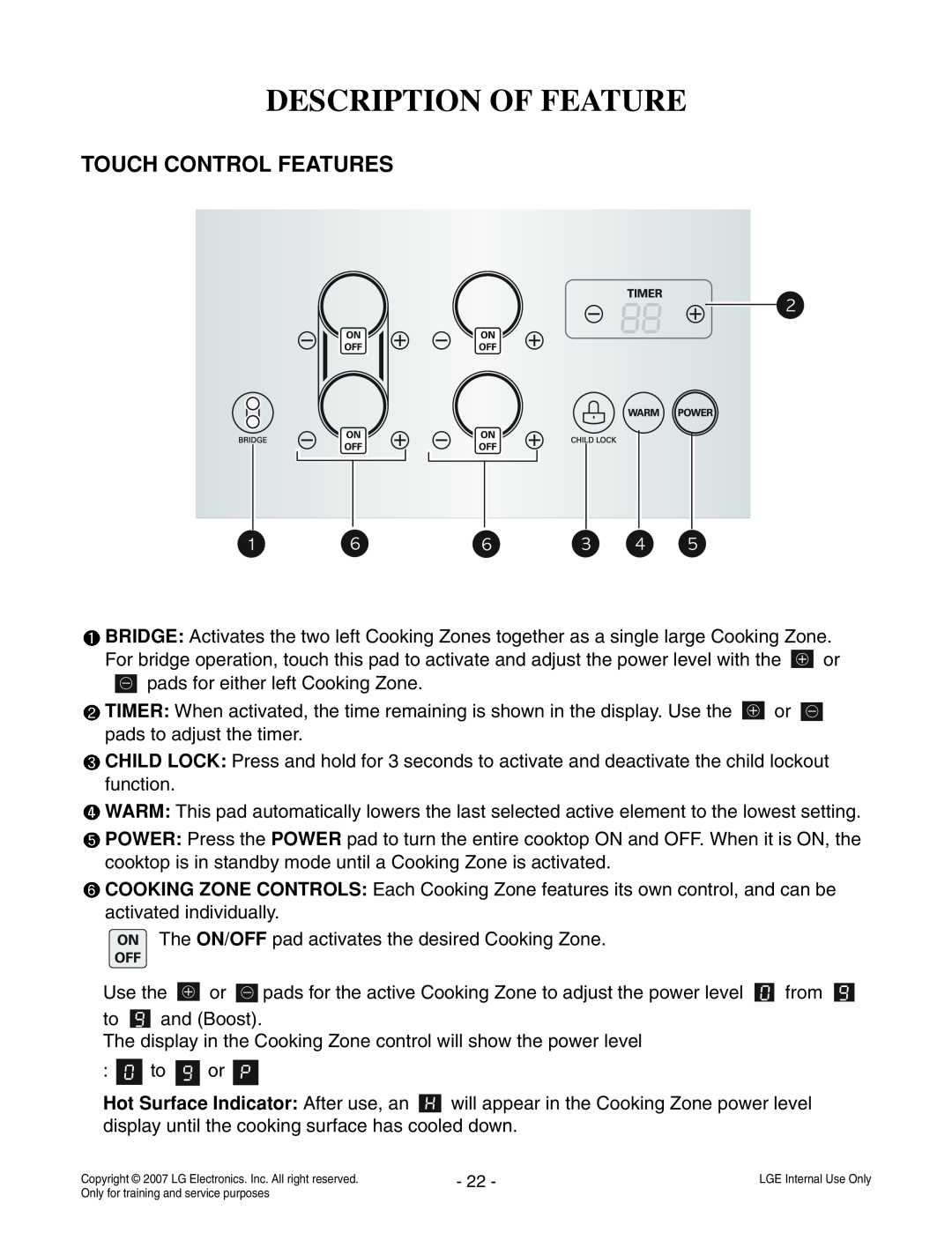 LG Electronics LCE30845 service manual Description Of Feature, Touch Control Features 