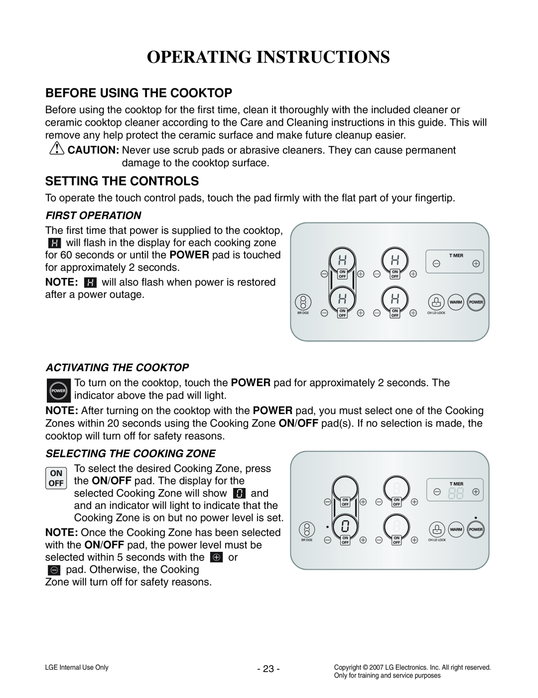 LG Electronics LCE30845 Operating Instructions, Before Using The Cooktop, Setting The Controls, First Operation 