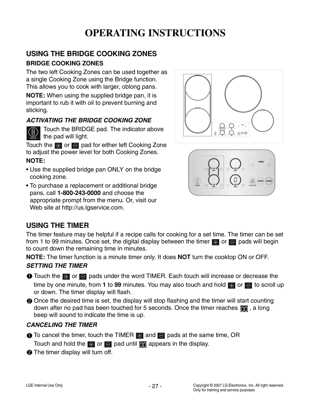 LG Electronics LCE30845 service manual Operating Instructions, Bridge Cooking Zones, Activating The Bridge Cooking Zone 