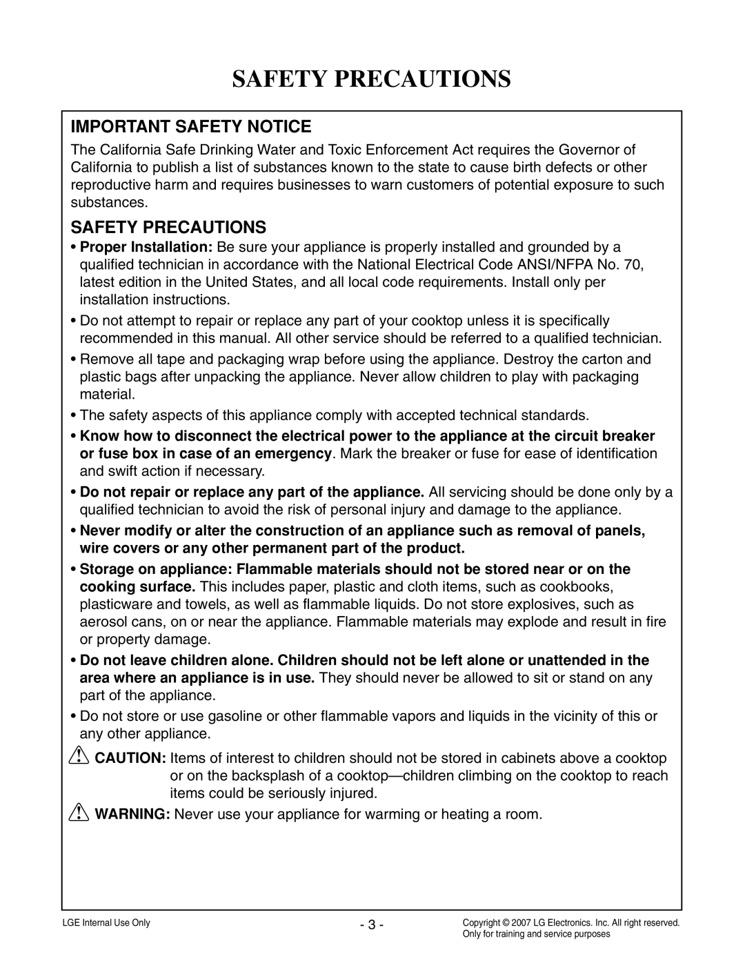 LG Electronics LCE30845 service manual Safety Precautions, WARNING Never use your appliance for warming or heating a room 