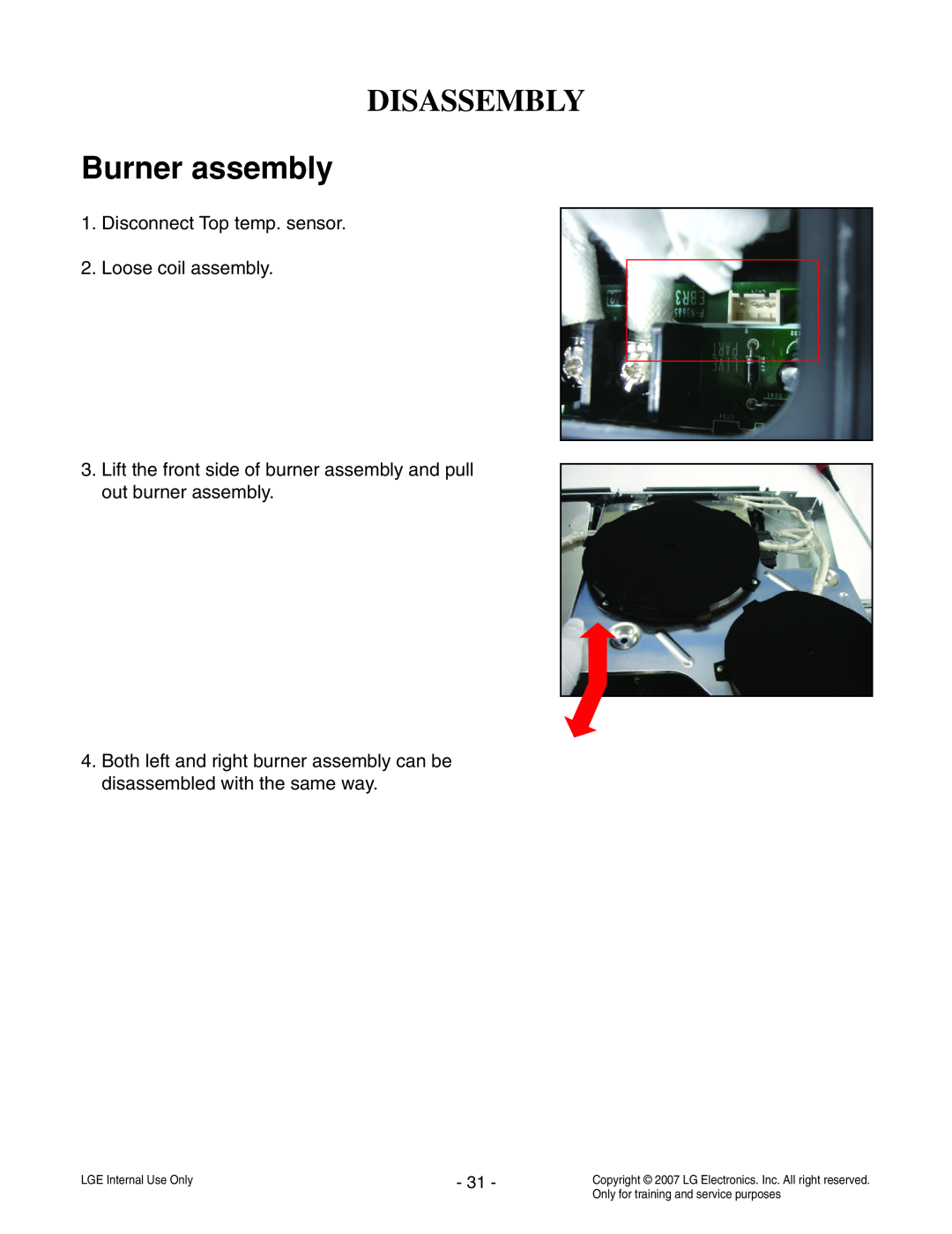 LG Electronics LCE30845 service manual Burner assembly, Disassembly, Disconnect Top temp. sensor 2. Loose coil assembly 