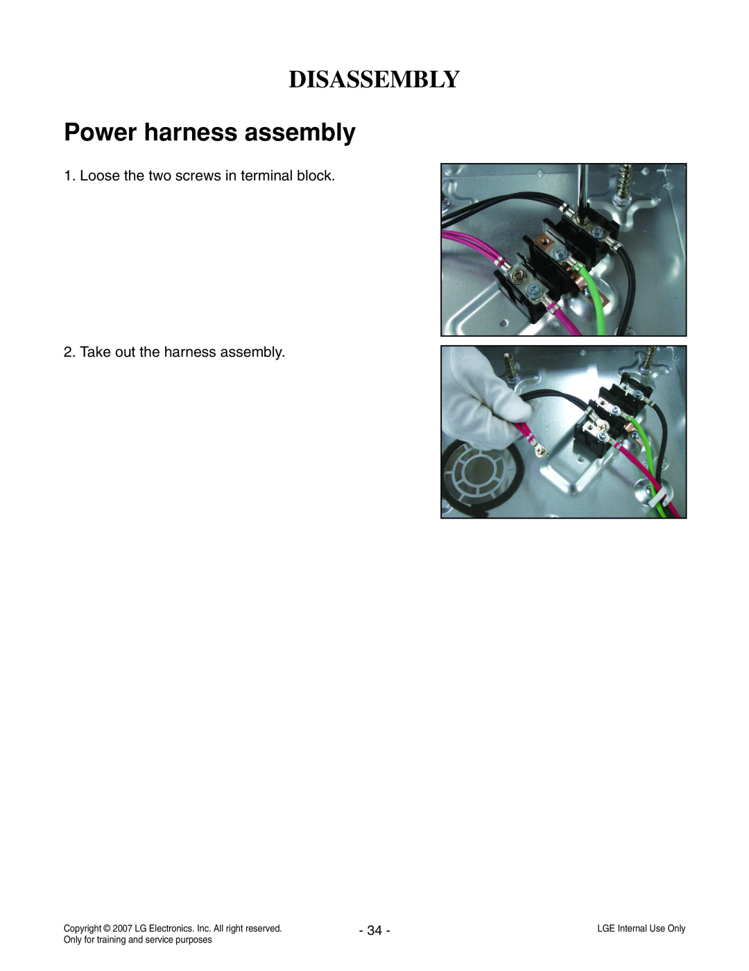 LG Electronics LCE30845 service manual Power harness assembly, Disassembly, Loose the two screws in terminal block 