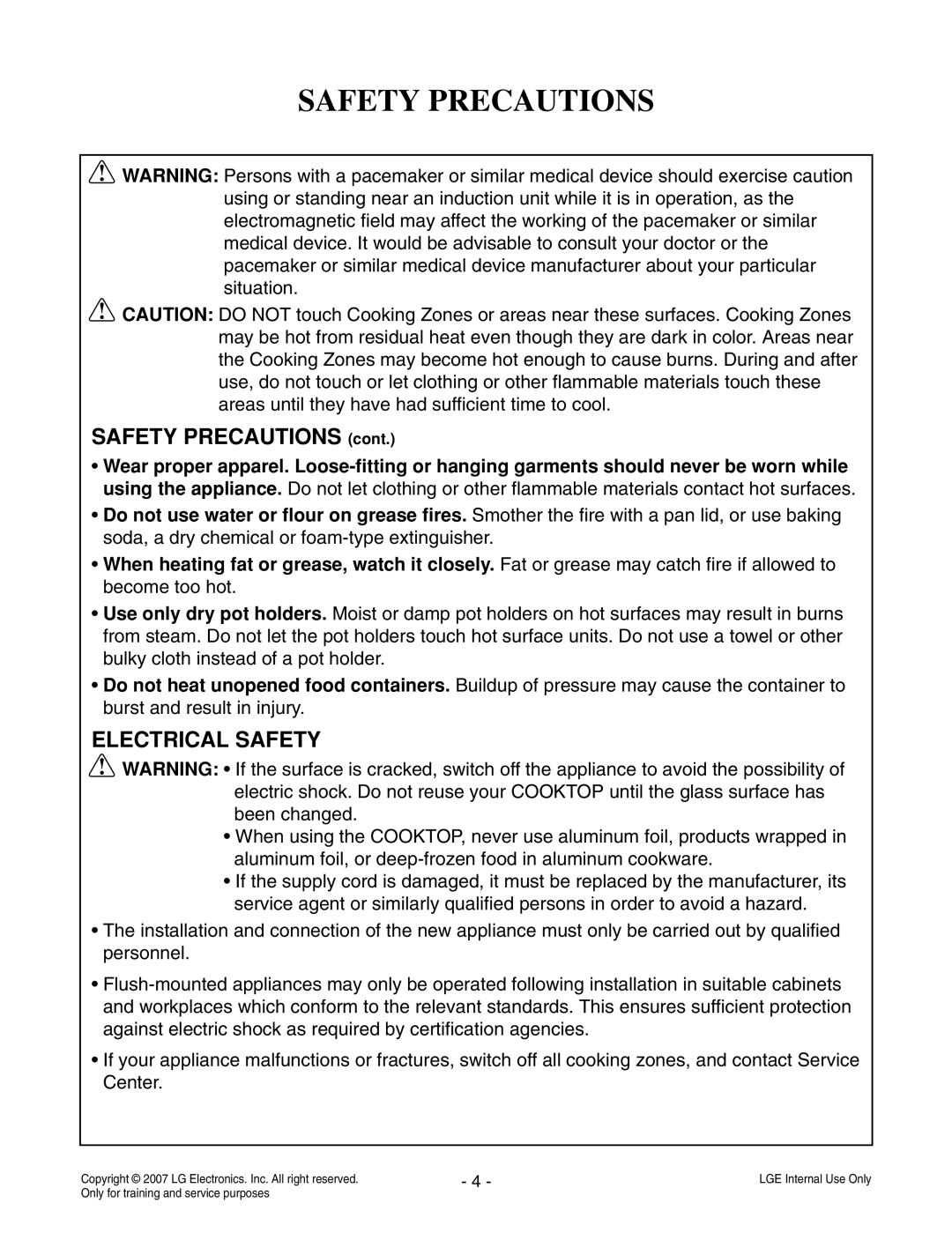 LG Electronics LCE30845 service manual Safety Precautions, SAFETY PRECAUTIONS cont, Electrical Safety 