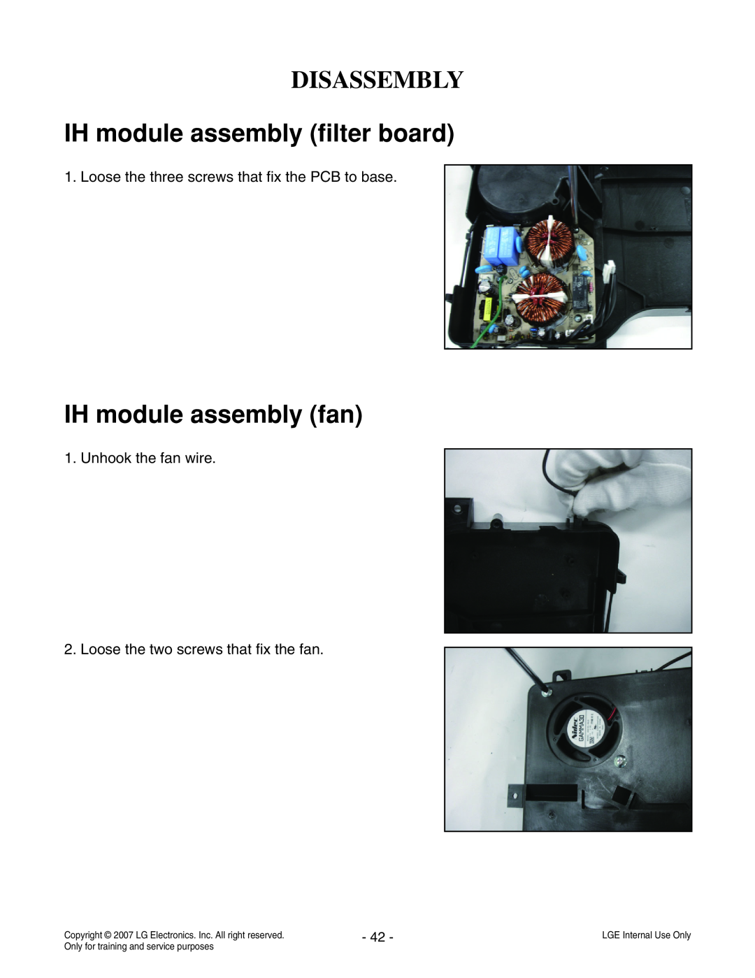 LG Electronics LCE30845 service manual IH module assembly filter board, IH module assembly fan, Disassembly 