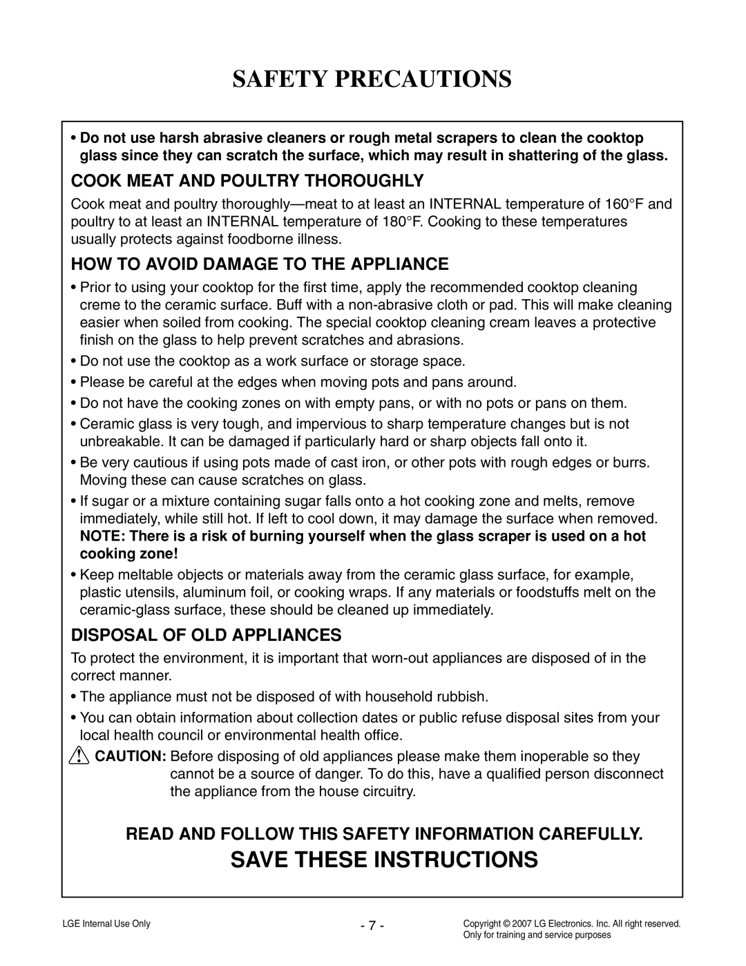 LG Electronics LCE30845 service manual Safety Precautions, Save These Instructions, Cook Meat And Poultry Thoroughly 