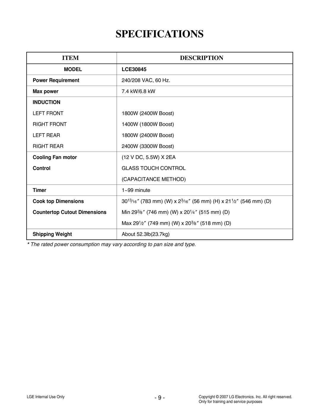 LG Electronics LCE30845 Specifications, Description, The rated power consumption may vary according to pan size and type 
