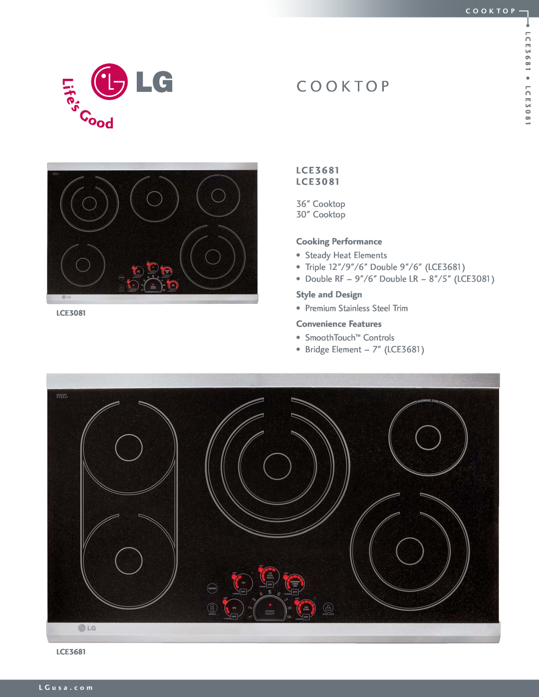 LG Electronics LCE3081 manual C O O K T O P, Lc E Lc E, Cooktop 30 Cooktop, Cooking Performance, Steady Heat Elements 