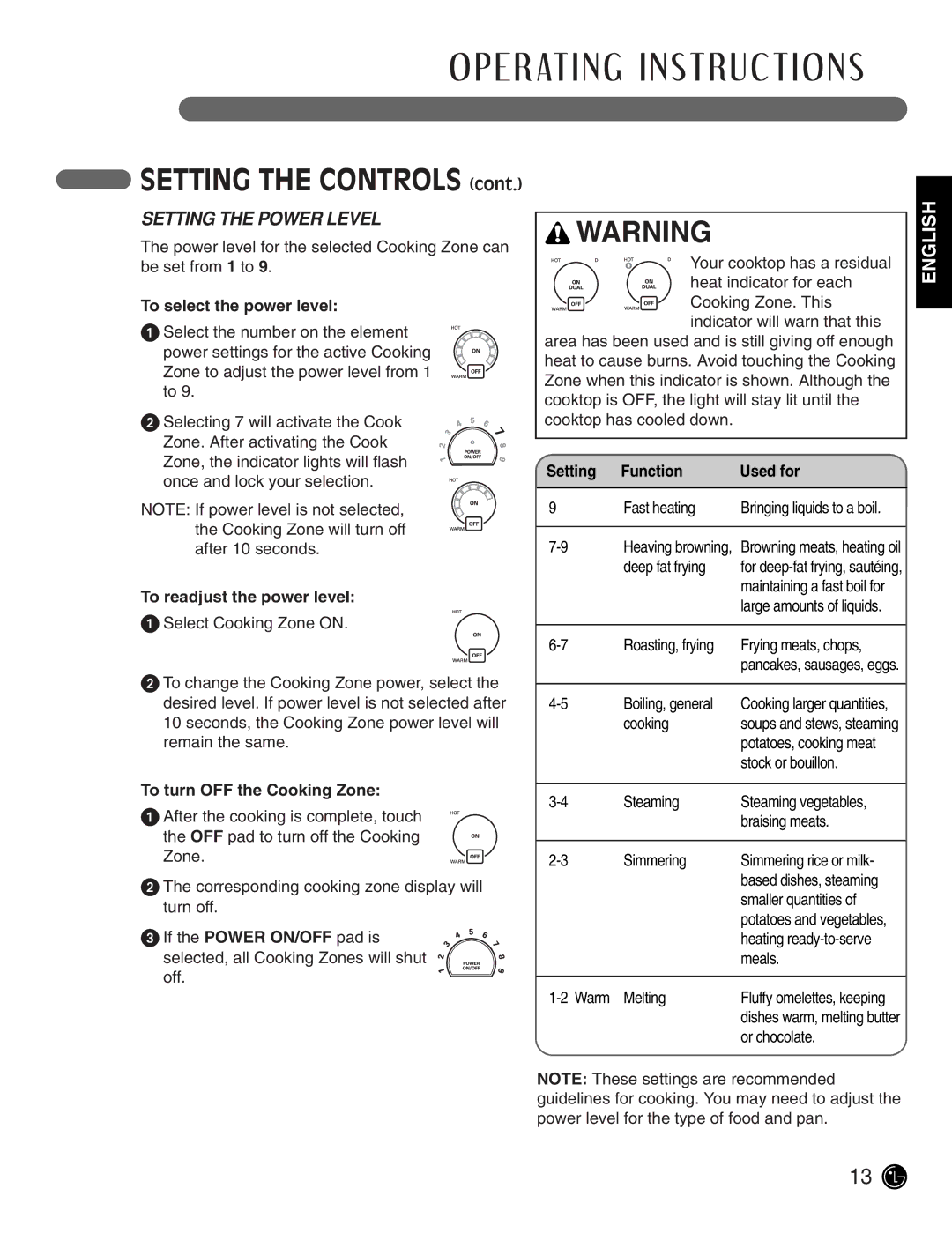 LG Electronics LCE3081ST, LCE3681ST manual Setting the Power Level, To select the power level, To readjust the power level 