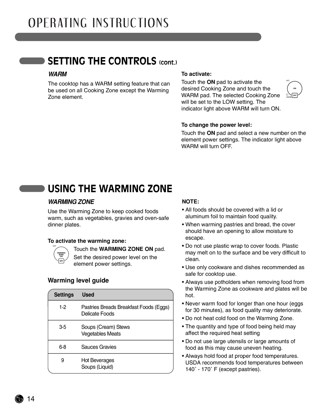 LG Electronics LCE3681ST, LCE3081ST manual Using the Warming Zone 