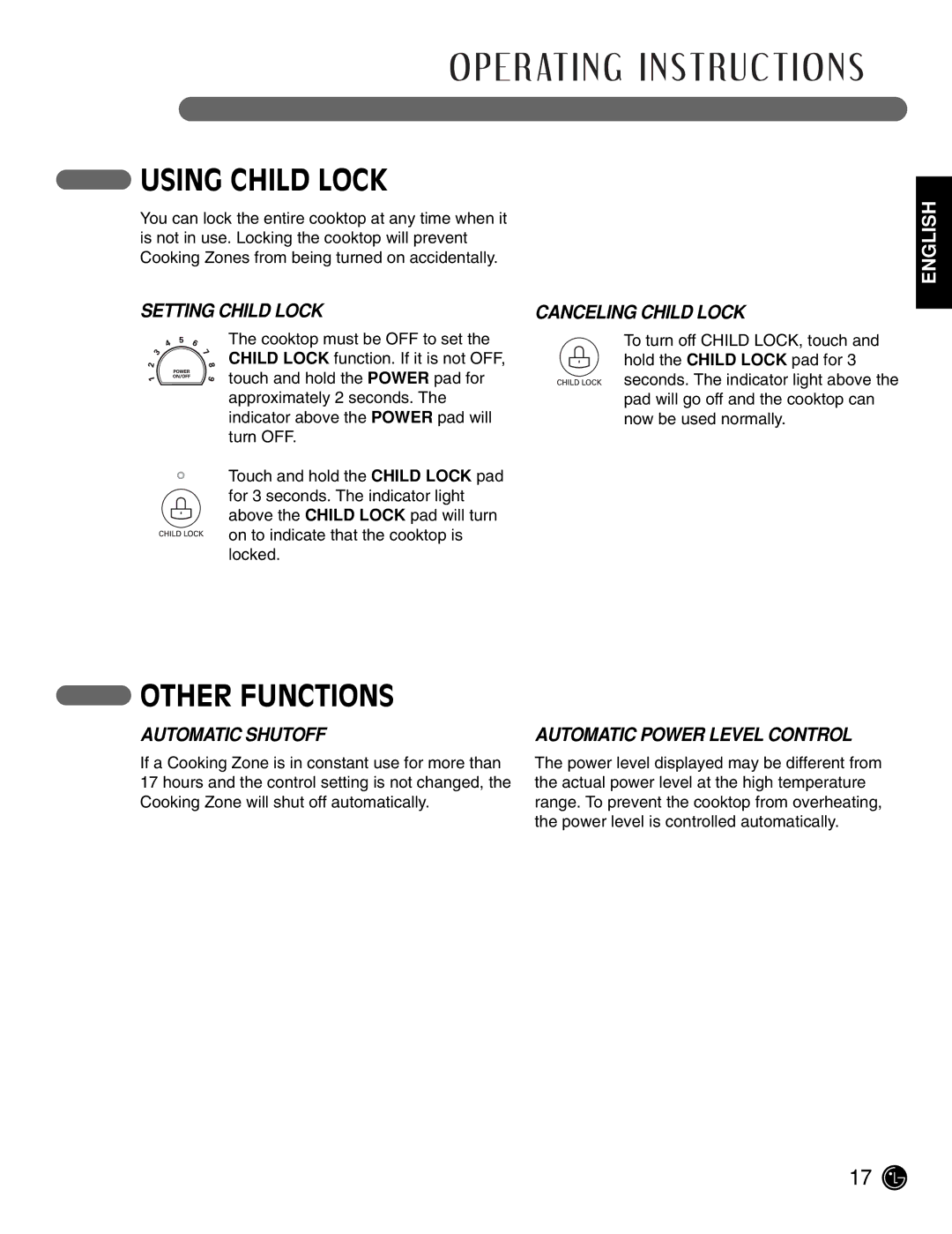 LG Electronics LCE3081ST, LCE3681ST manual Using Child Lock, Other Functions 