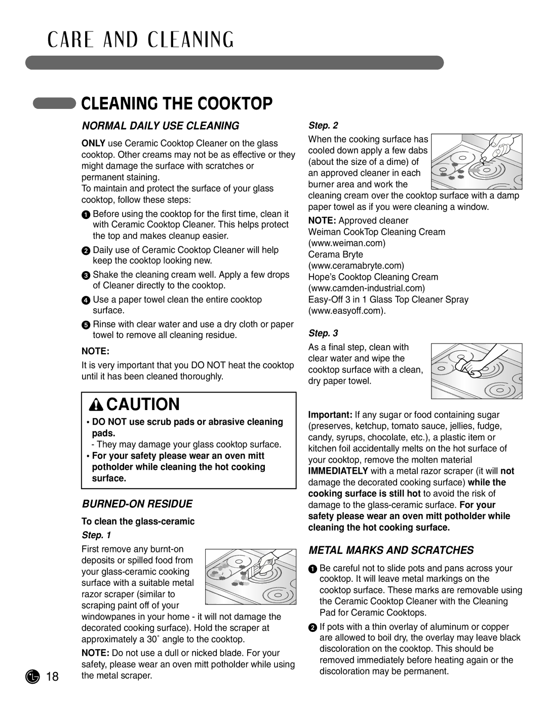 LG Electronics LCE3681ST Cleaning the Cooktop, Normal Daily USE Cleaning, BURNED-ON Residue, Metal Marks and Scratches 