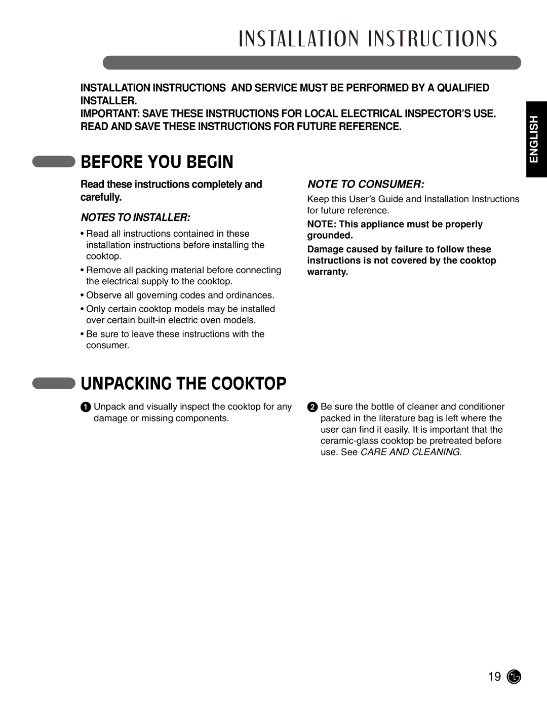 LG Electronics LCE3081ST, LCE3681ST manual Before YOU Begin, Unpacking the Cooktop 