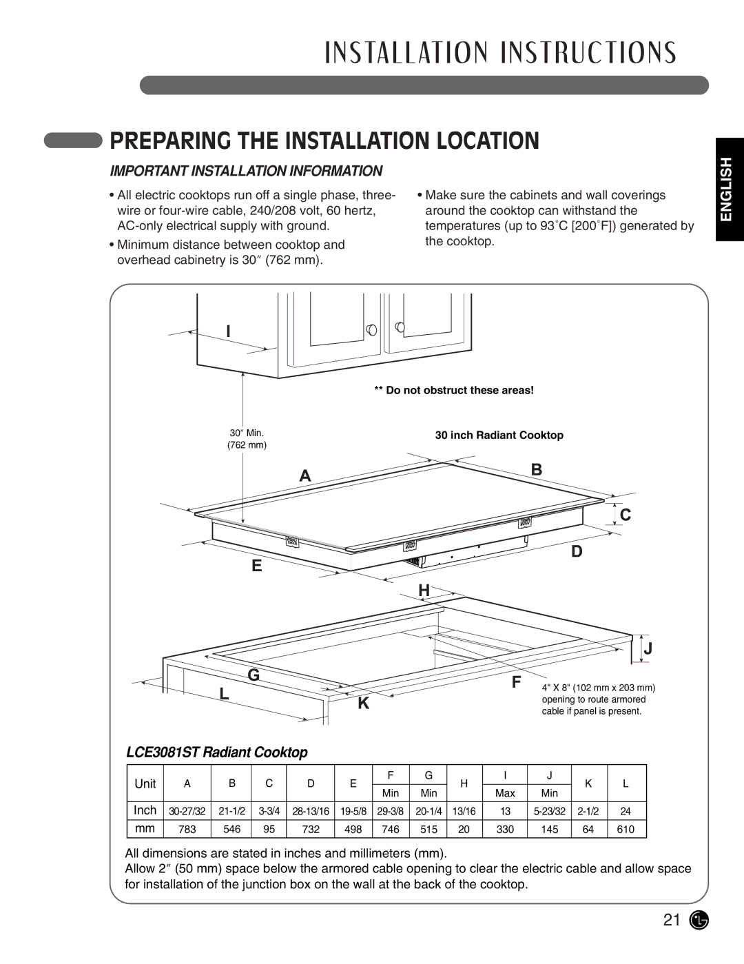 LG Electronics LCE3081ST, LCE3681ST manual Preparing the Installation Location, Important Installation Information 