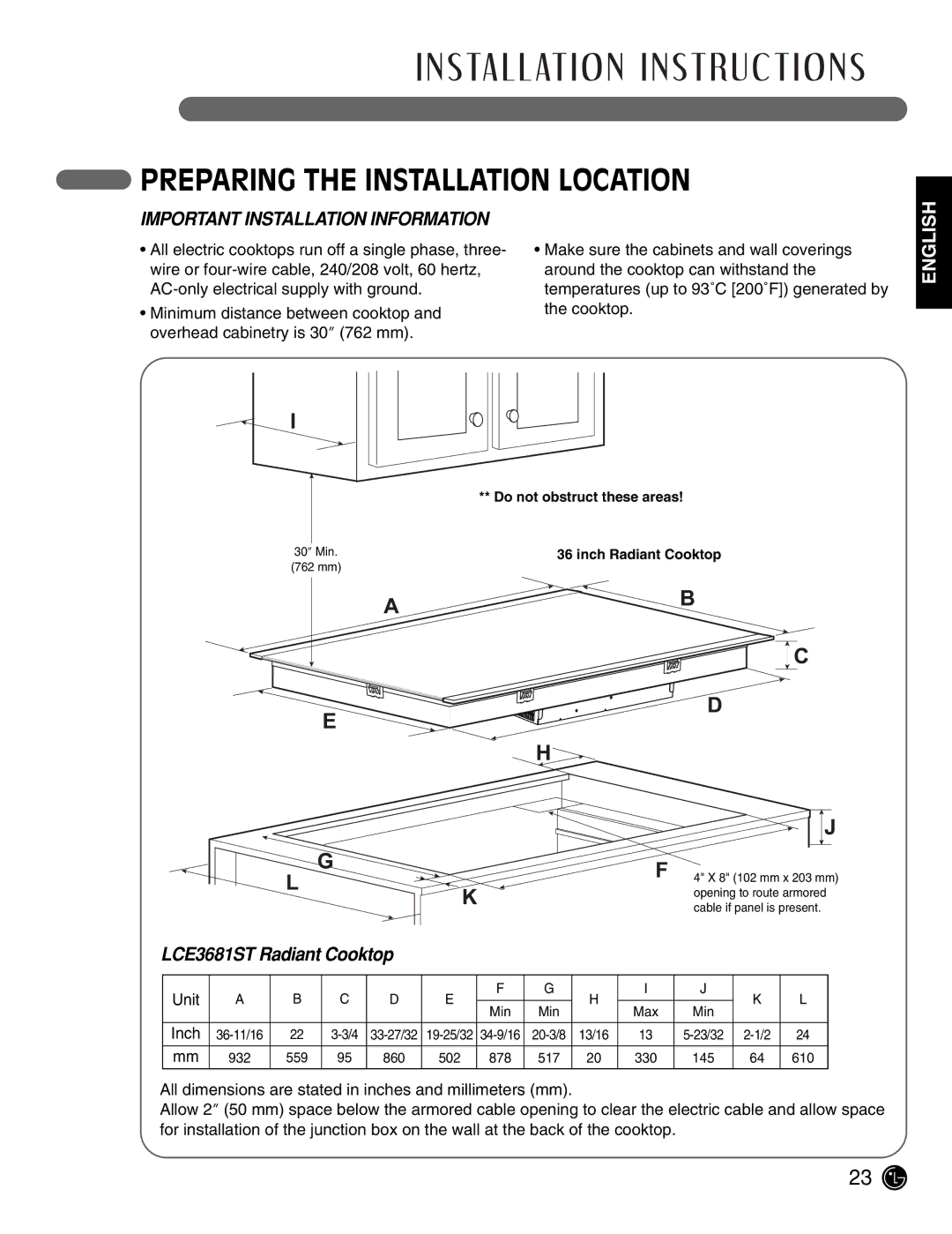 LG Electronics LCE3081ST, LCE3681ST manual 20-3/8 13/16 23/32 2-1/2 932 559 860 502 