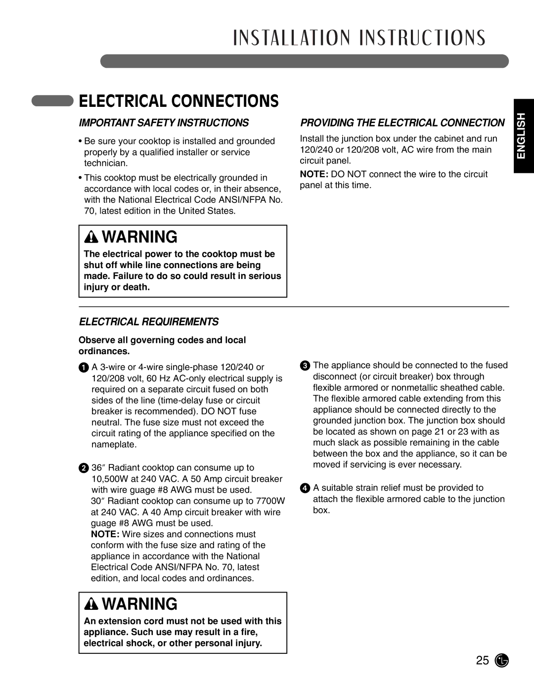 LG Electronics LCE3081ST, LCE3681ST manual Important Safety Instructions, Electrical Requirements 