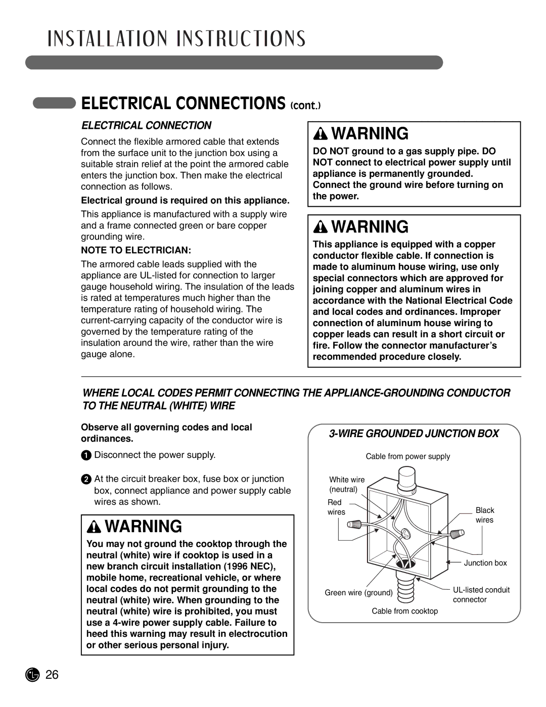 LG Electronics LCE3681ST, LCE3081ST manual Electrical Connections, Wire Grounded Junction BOX 