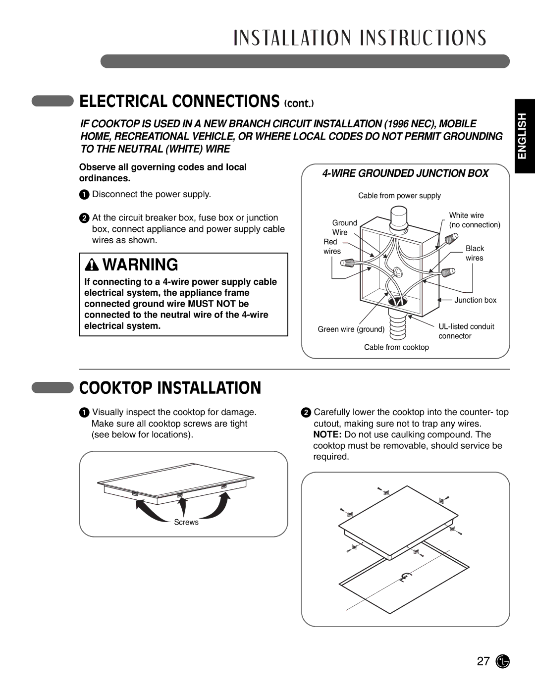 LG Electronics LCE3081ST, LCE3681ST manual Cooktop Installation 