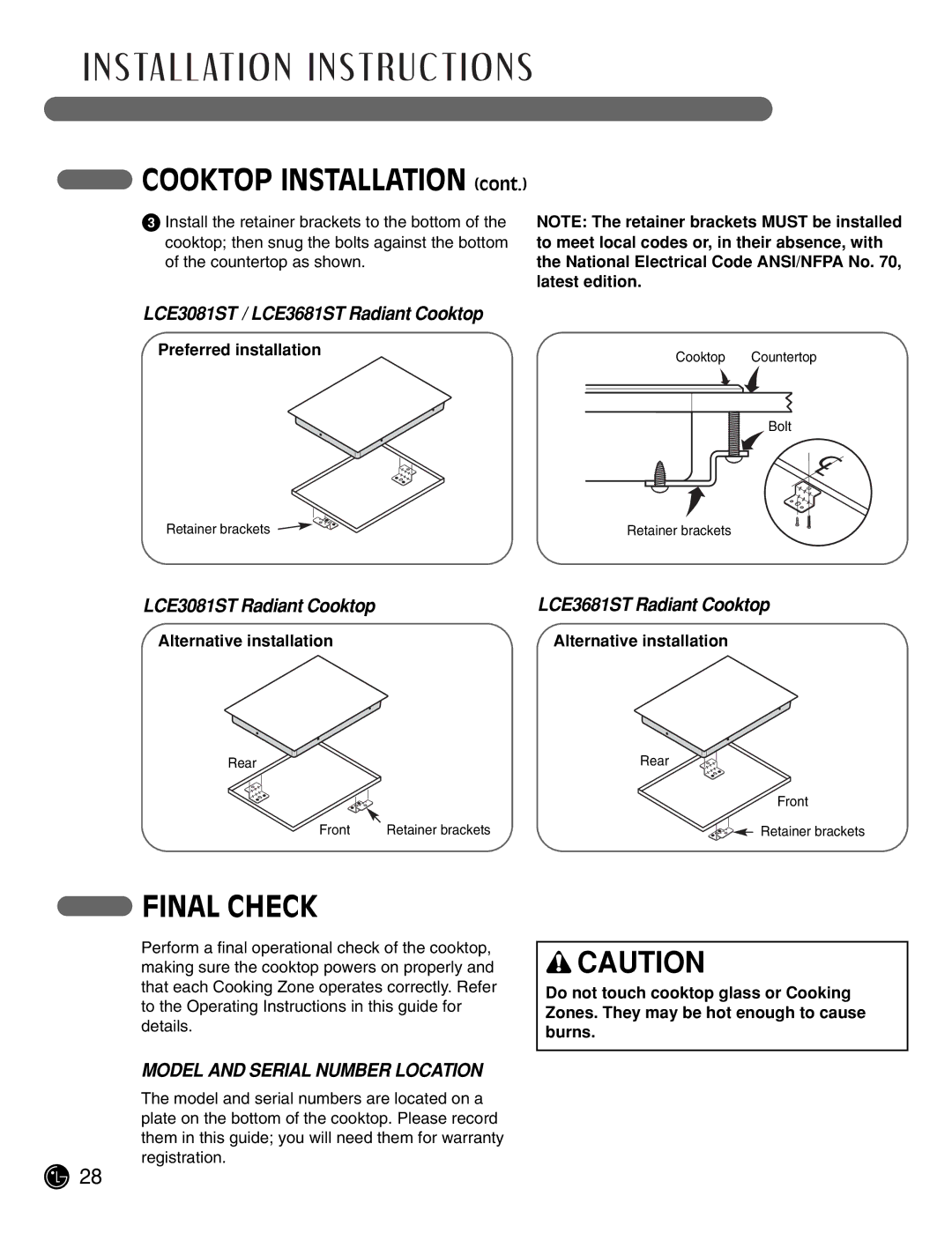 LG Electronics LCE3681ST manual Cooktop Installation, Final Check, Model and Serial Number Location, Preferred installation 