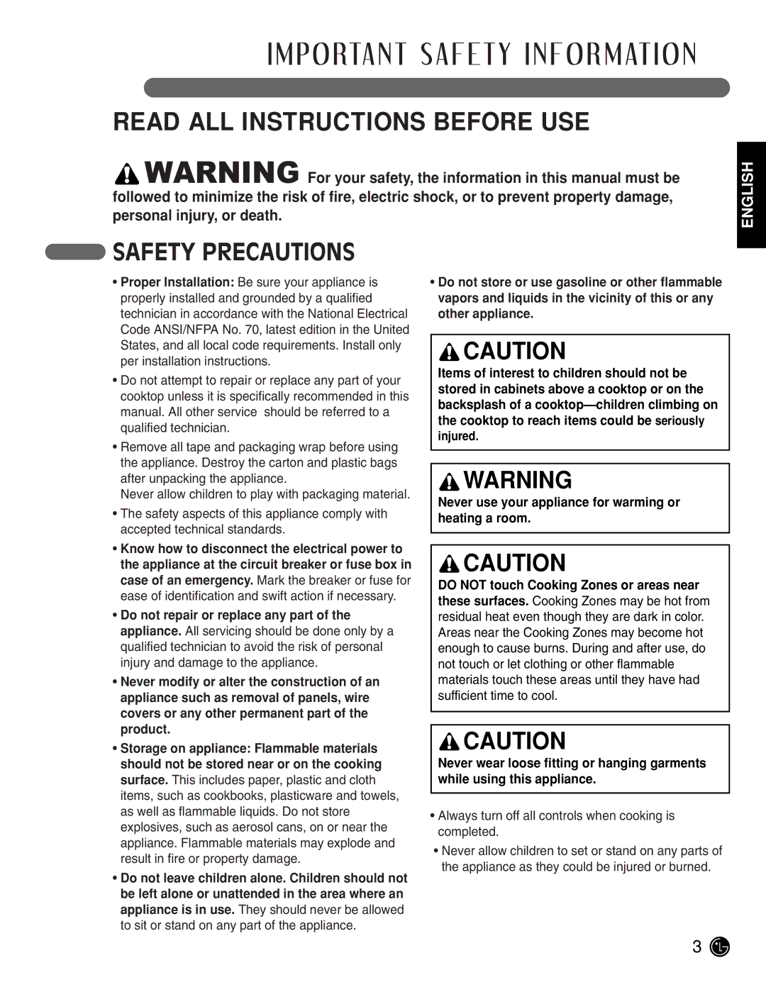 LG Electronics LCE3081ST, LCE3681ST manual Read ALL Instructions Before USE, Safety Precautions 