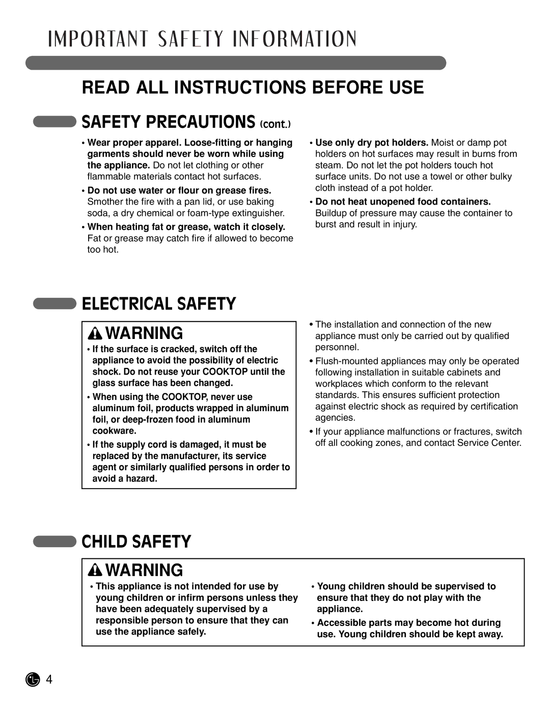 LG Electronics LCE3681ST, LCE3081ST manual Safety Precautions, Electrical Safety, Child Safety 