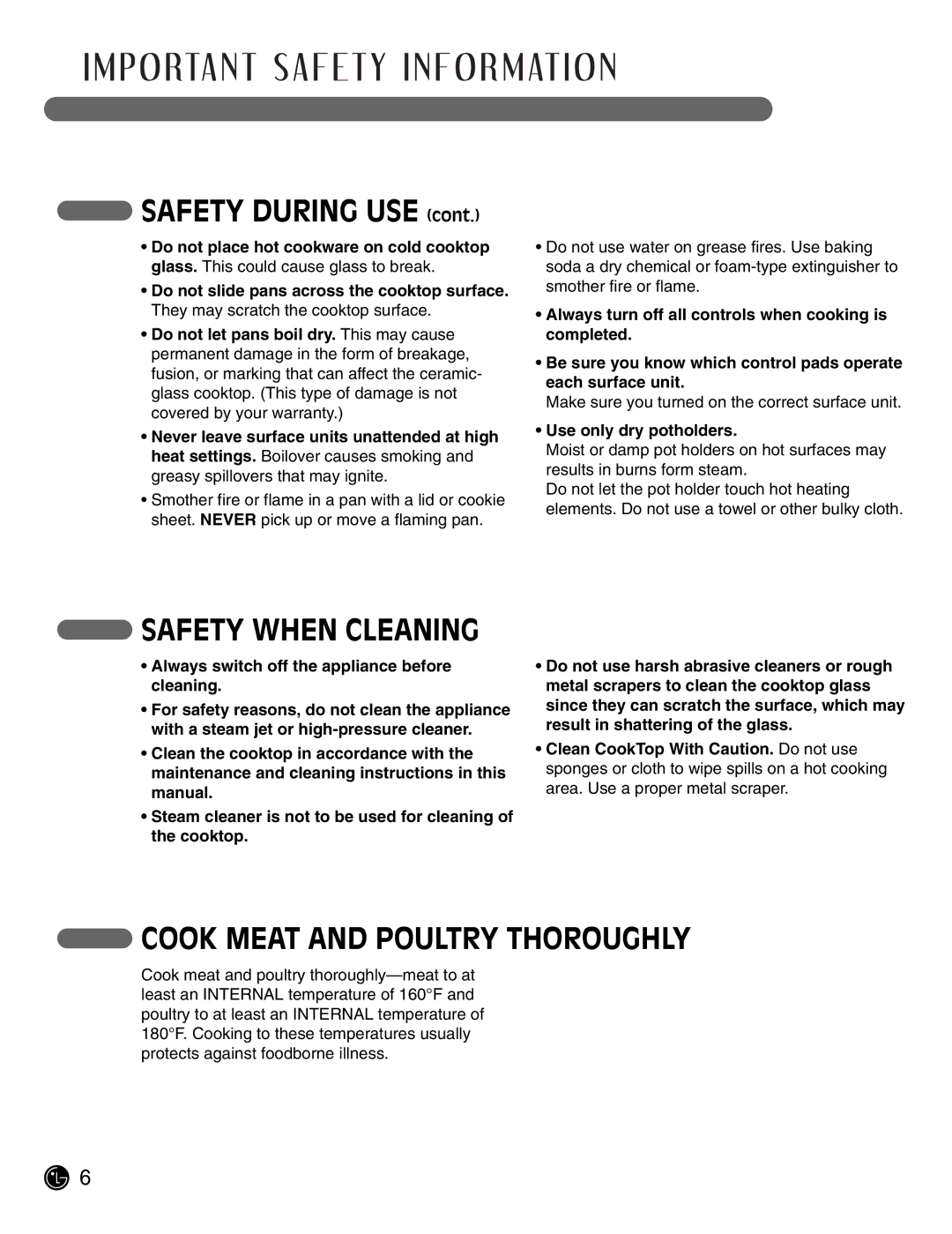 LG Electronics LCE3681ST, LCE3081ST manual Safety During USE, Safety When Cleaning, Cook Meat and Poultry Thoroughly 