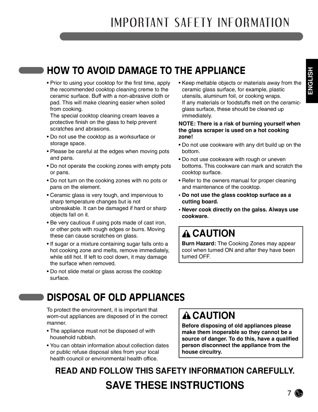 LG Electronics LCE3081ST, LCE3681ST manual HOW to Avoid Damage to the Appliance, Disposal of OLD Appliances 