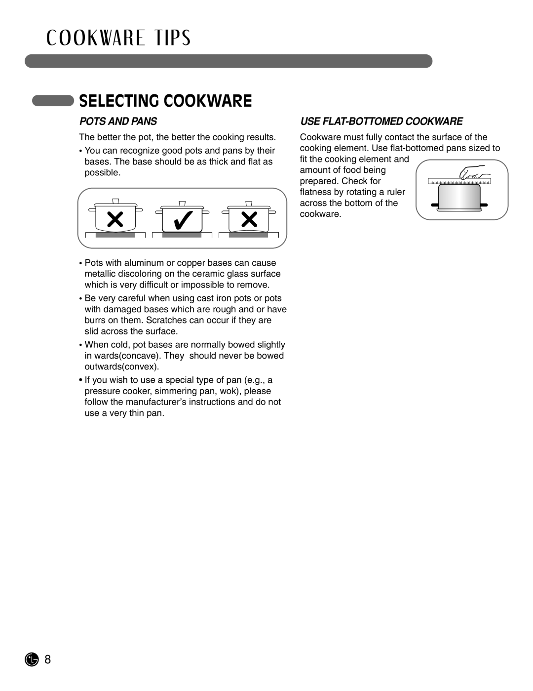 LG Electronics LCE3681ST, LCE3081ST manual Selecting Cookware, Pots and Pans, USE FLAT-BOTTOMED Cookware 