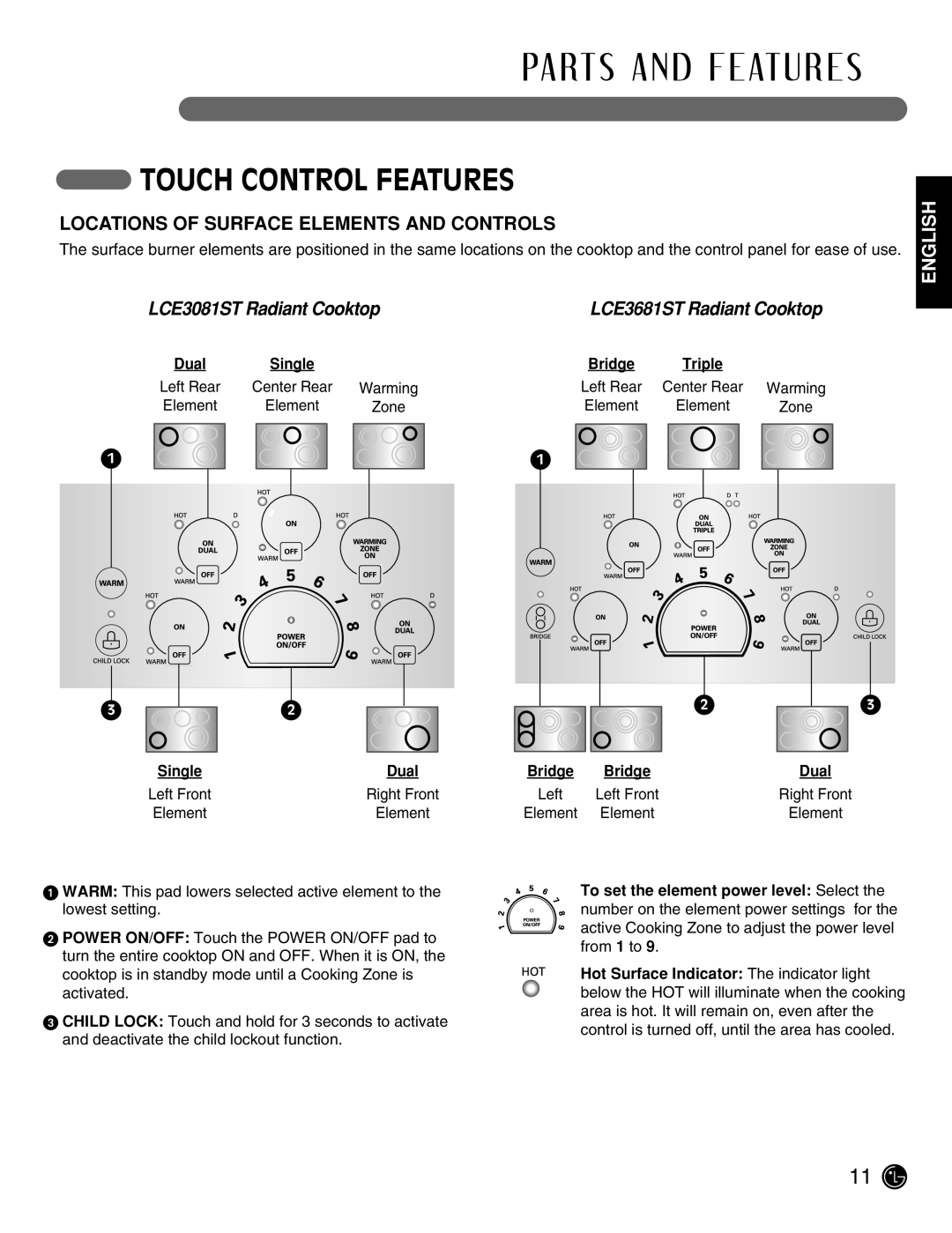LG Electronics LCE3081ST Touch Control Features, Locations Of Surface Elements And Controls, LCE3681ST Radiant Cooktop 