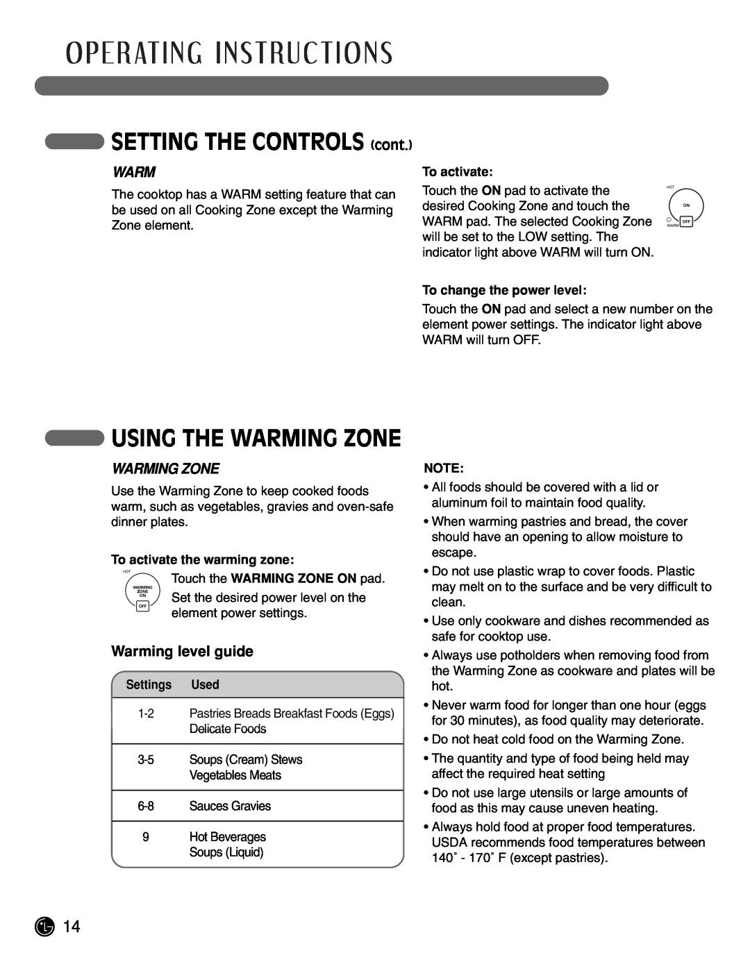 LG Electronics LCE3681ST, LCE3081ST Using The Warming Zone, Warming level guide, To activate, To change the power level 