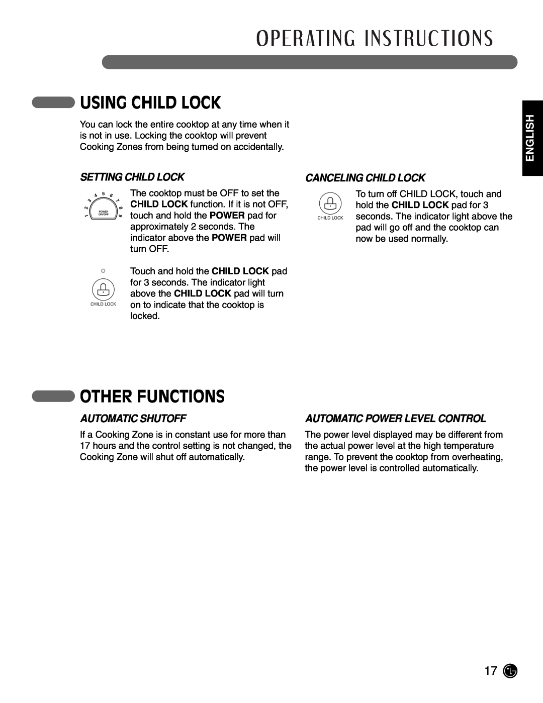 LG Electronics LCE3081ST Using Child Lock, Other Functions, Setting Child Lock, Canceling Child Lock, Automatic Shutoff 
