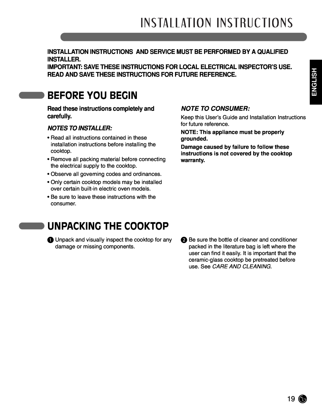 LG Electronics LCE3081ST manual Before You Begin, Unpacking The Cooktop, Read these instructions completely and carefully 