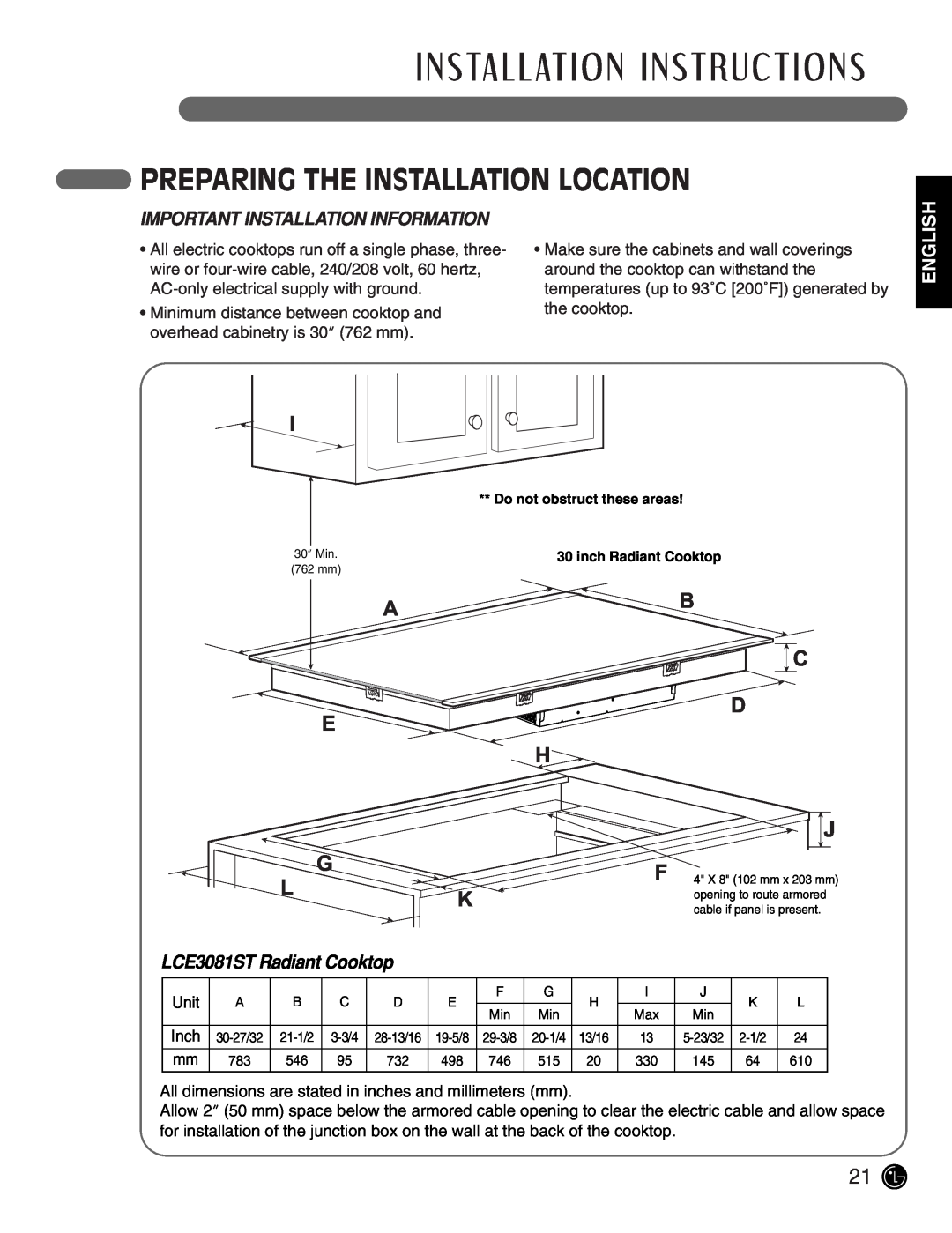 LG Electronics LCE3081ST, LCE3681ST manual Preparing The Installation Location, Important Installation Information, English 