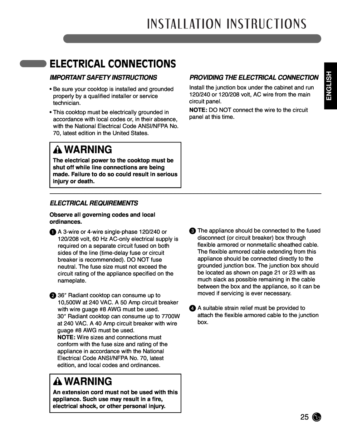 LG Electronics LCE3081ST manual Electrical Connections, Important Safety Instructions, Electrical Requirements, English 