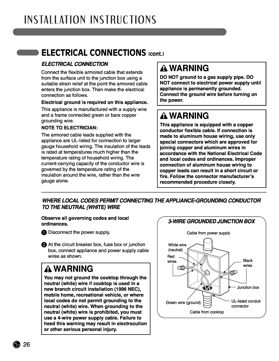LG Electronics LCE3681ST, LCE3081ST manual ELECTRICAL CONNECTIONS cont, Electrical Connection, Wire Grounded Junction Box 