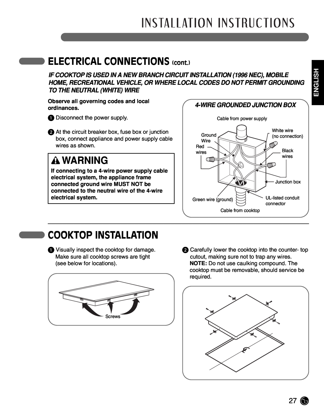 LG Electronics LCE3081ST, LCE3681ST Cooktop Installation, Wire Grounded Junction Box, ELECTRICAL CONNECTIONS cont, English 