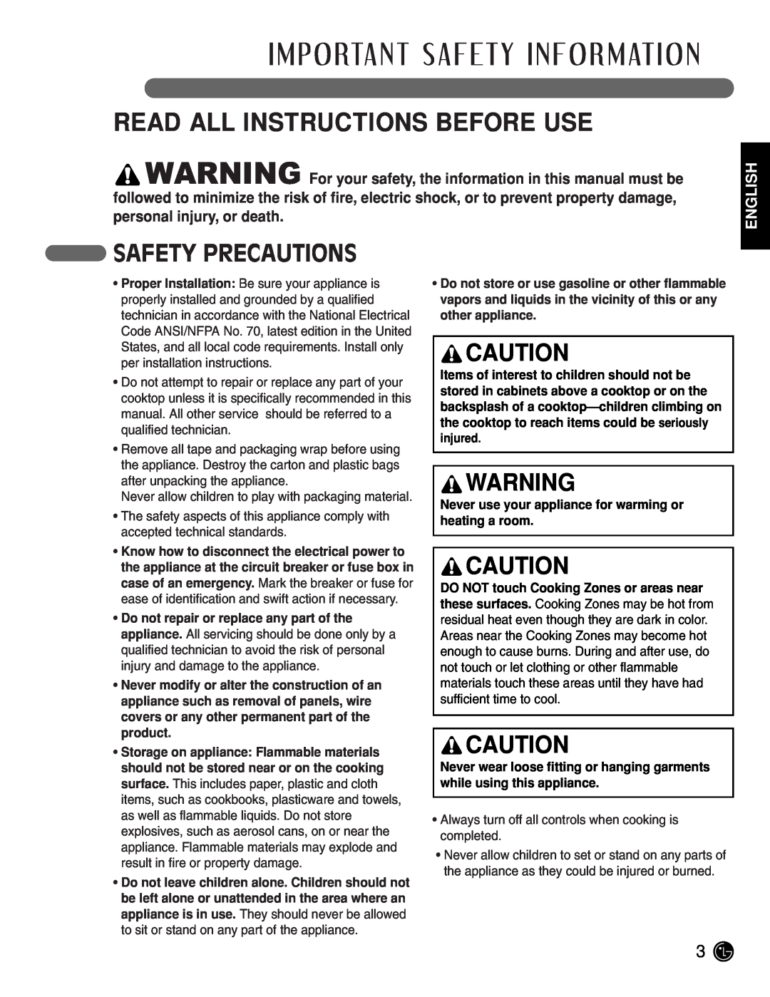 LG Electronics LCE3081ST, LCE3681ST manual Read All Instructions Before Use, Safety Precautions, English 