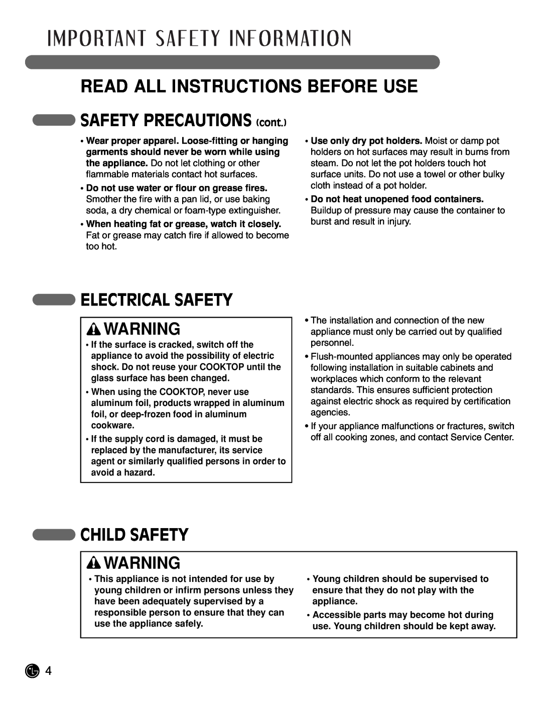 LG Electronics LCE3681ST manual SAFETY PRECAUTIONS cont, Electrical Safety, Child Safety, Read All Instructions Before Use 