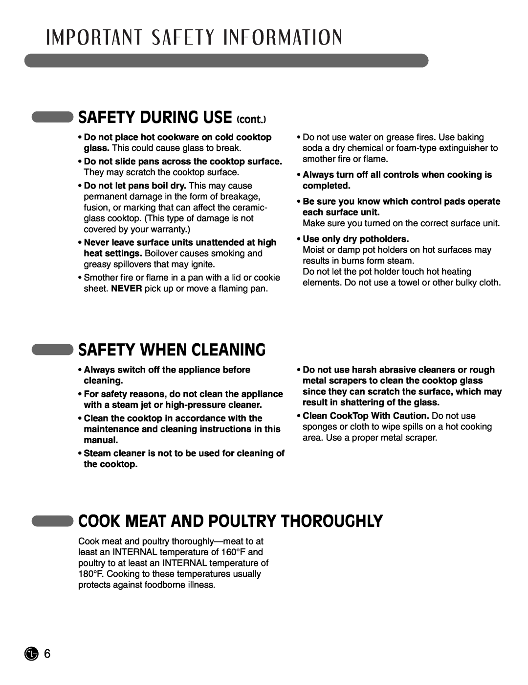 LG Electronics LCE3681ST, LCE3081ST manual SAFETY DURING USE cont, Safety When Cleaning, Cook Meat And Poultry Thoroughly 