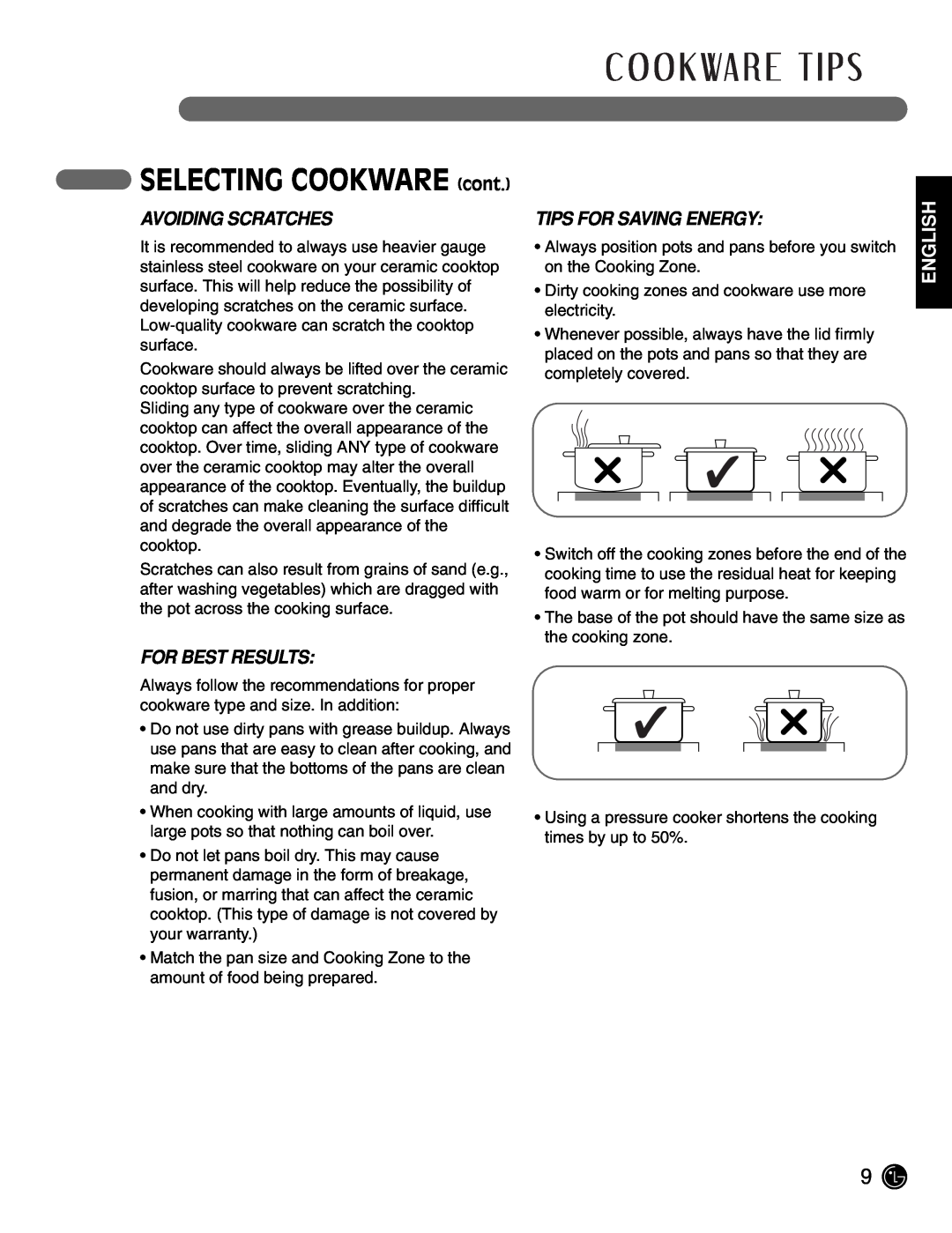 LG Electronics LCE3081ST SELECTING COOKWARE cont, Avoiding Scratches, For Best Results, Tips For Saving Energy, English 