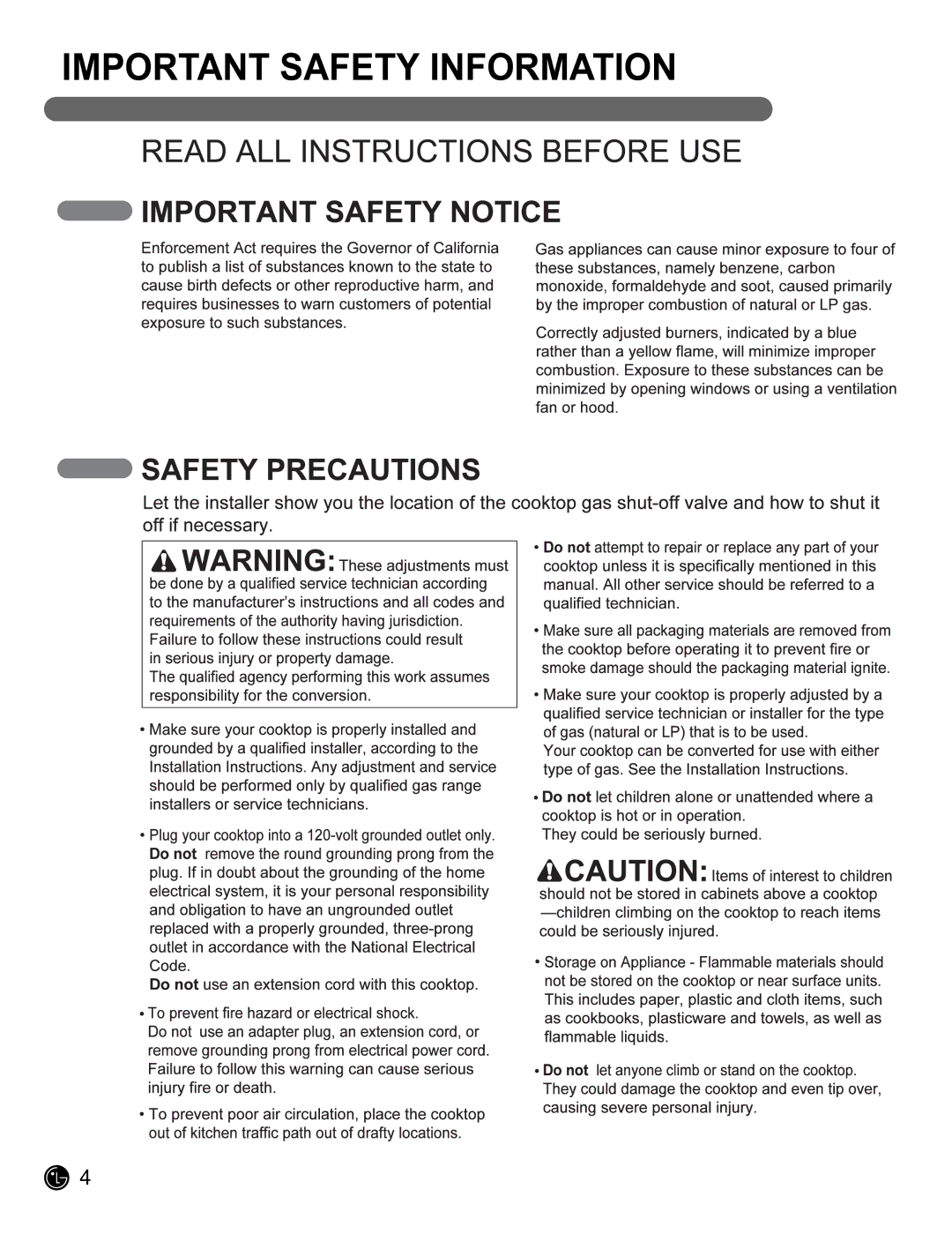 LG Electronics LCG3011ST, LCG3611ST owner manual Important Safety Information 