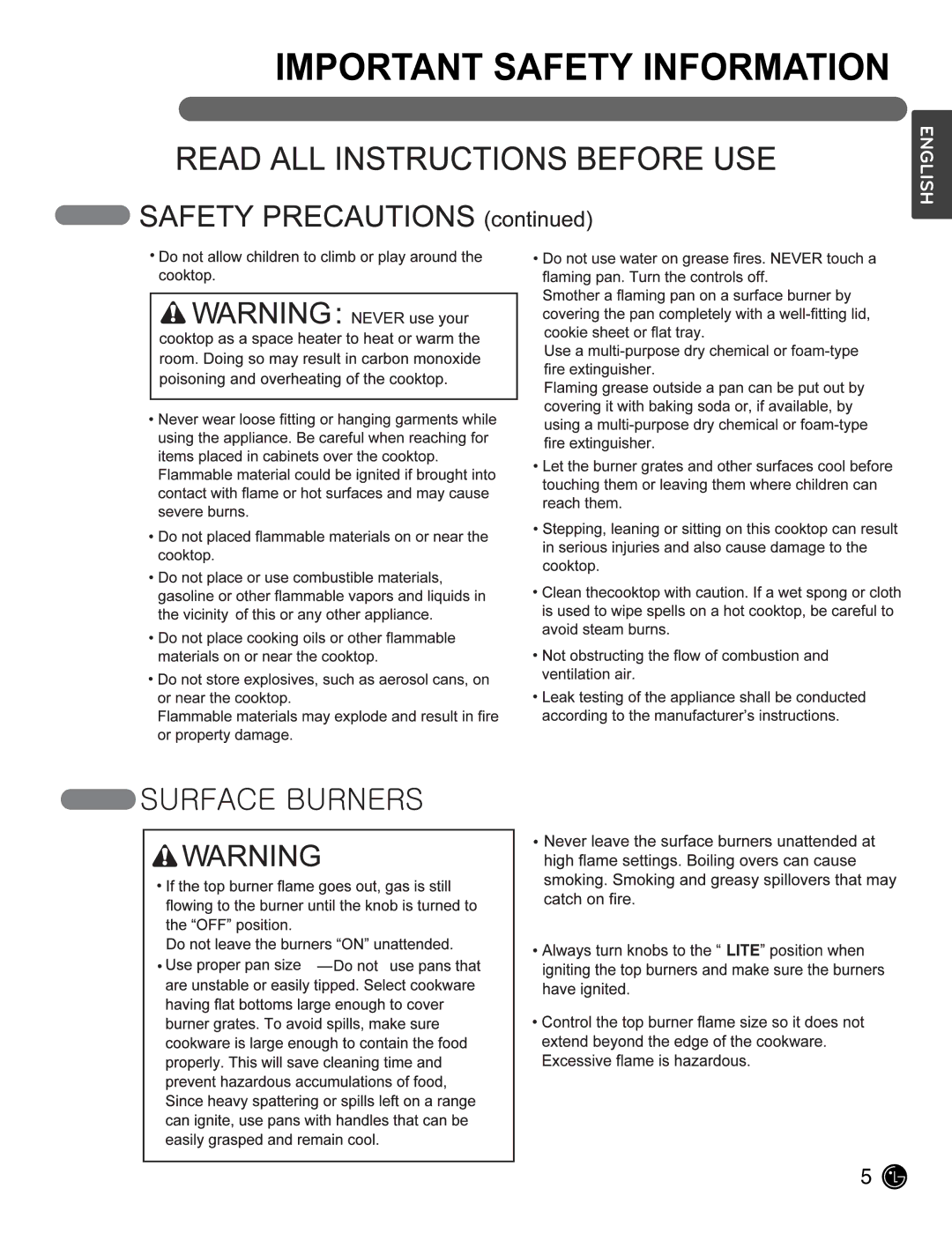 LG Electronics LCG3611ST, LCG3011ST owner manual Important Safety Information 