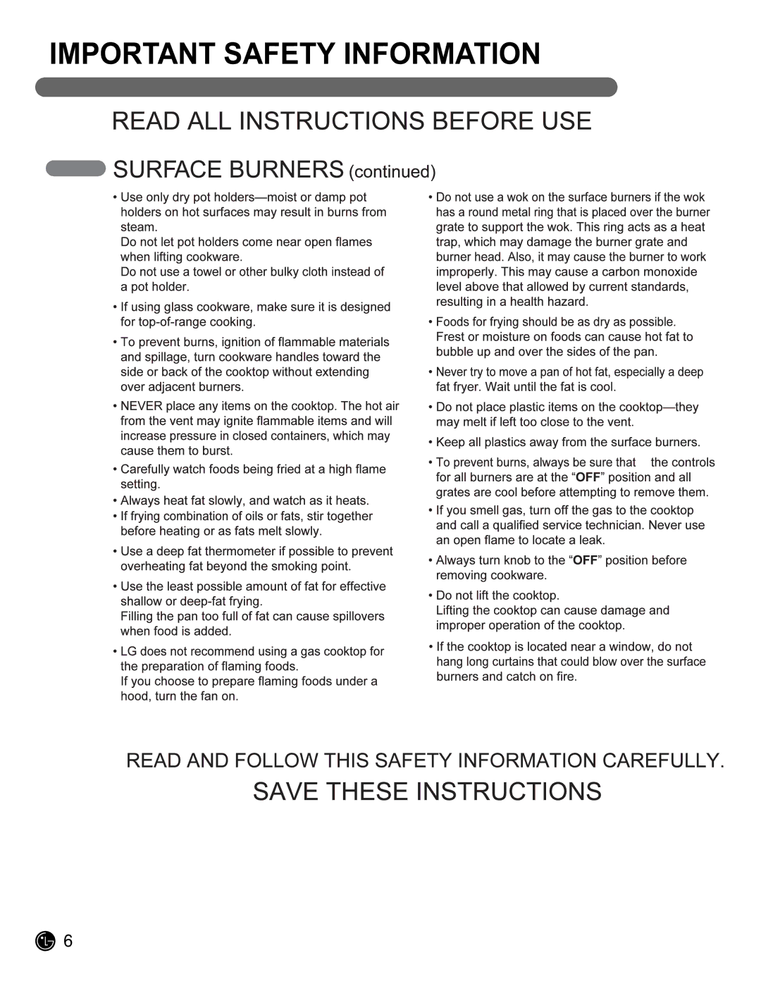 LG Electronics LCG3011ST, LCG3611ST owner manual Important Safety Information 