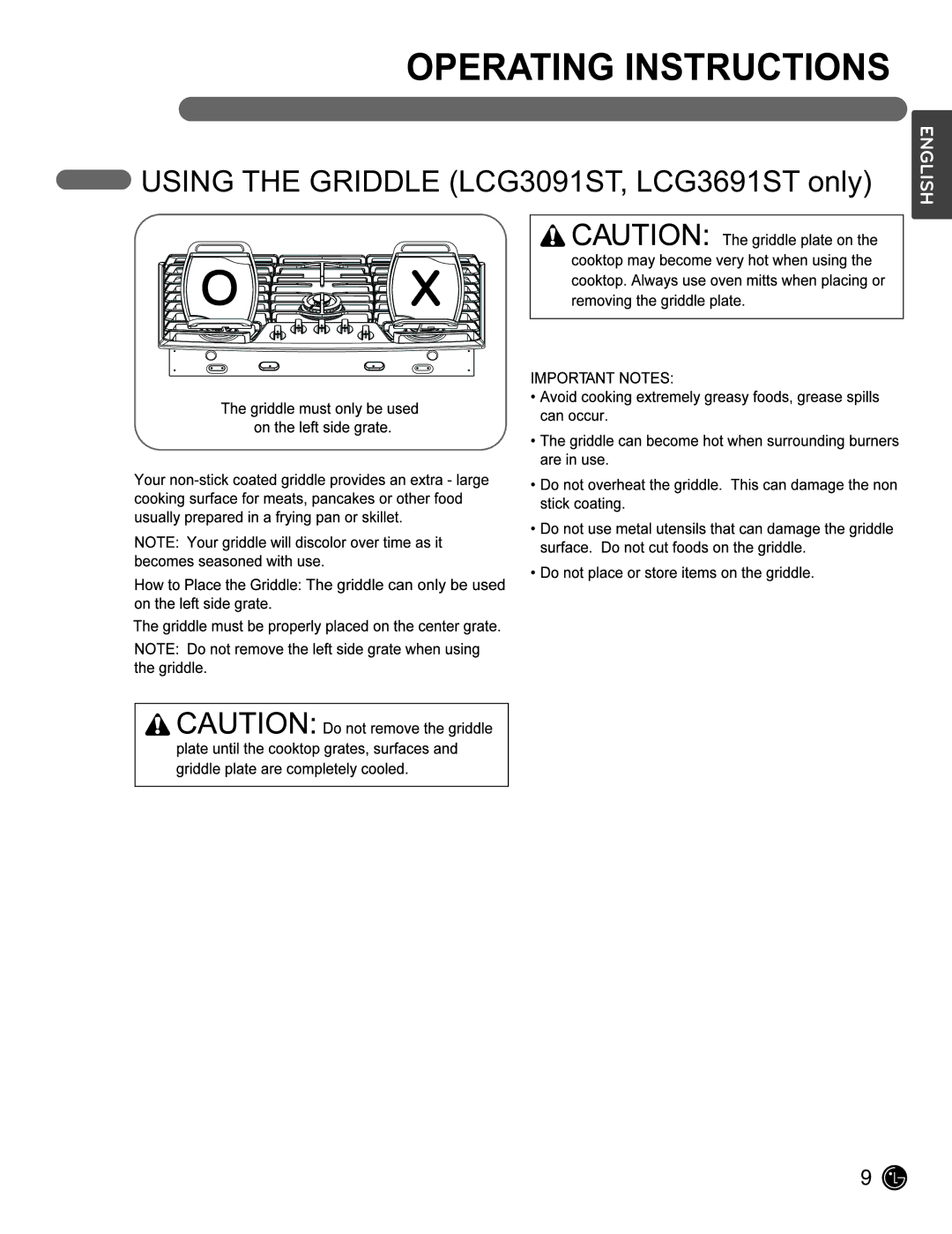 LG Electronics LCG3611ST, LCG3011ST owner manual Using the Griddle LCG3091ST, LCG3691ST only 