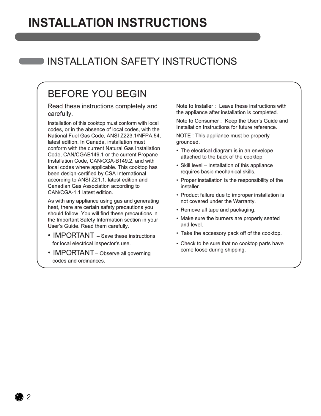 LG Electronics LCG3691ST, LCG3091ST installation manual Installation Instructions 