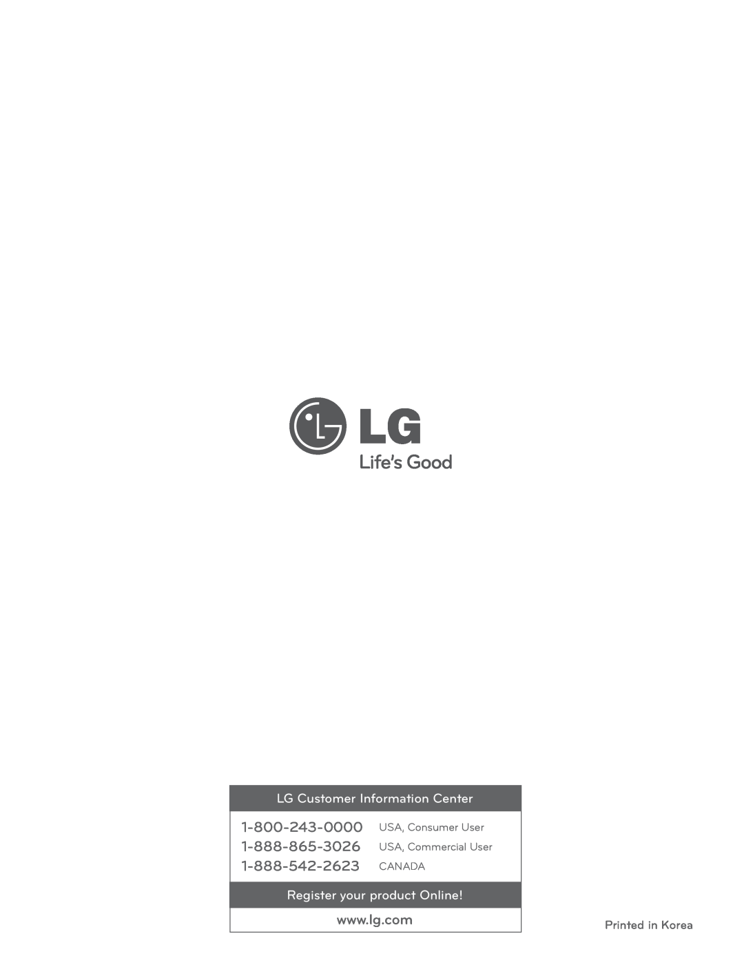 LG Electronics LCG3091ST LG Customer Information Center, Register your product Online, USA, Consumer User, Canada 