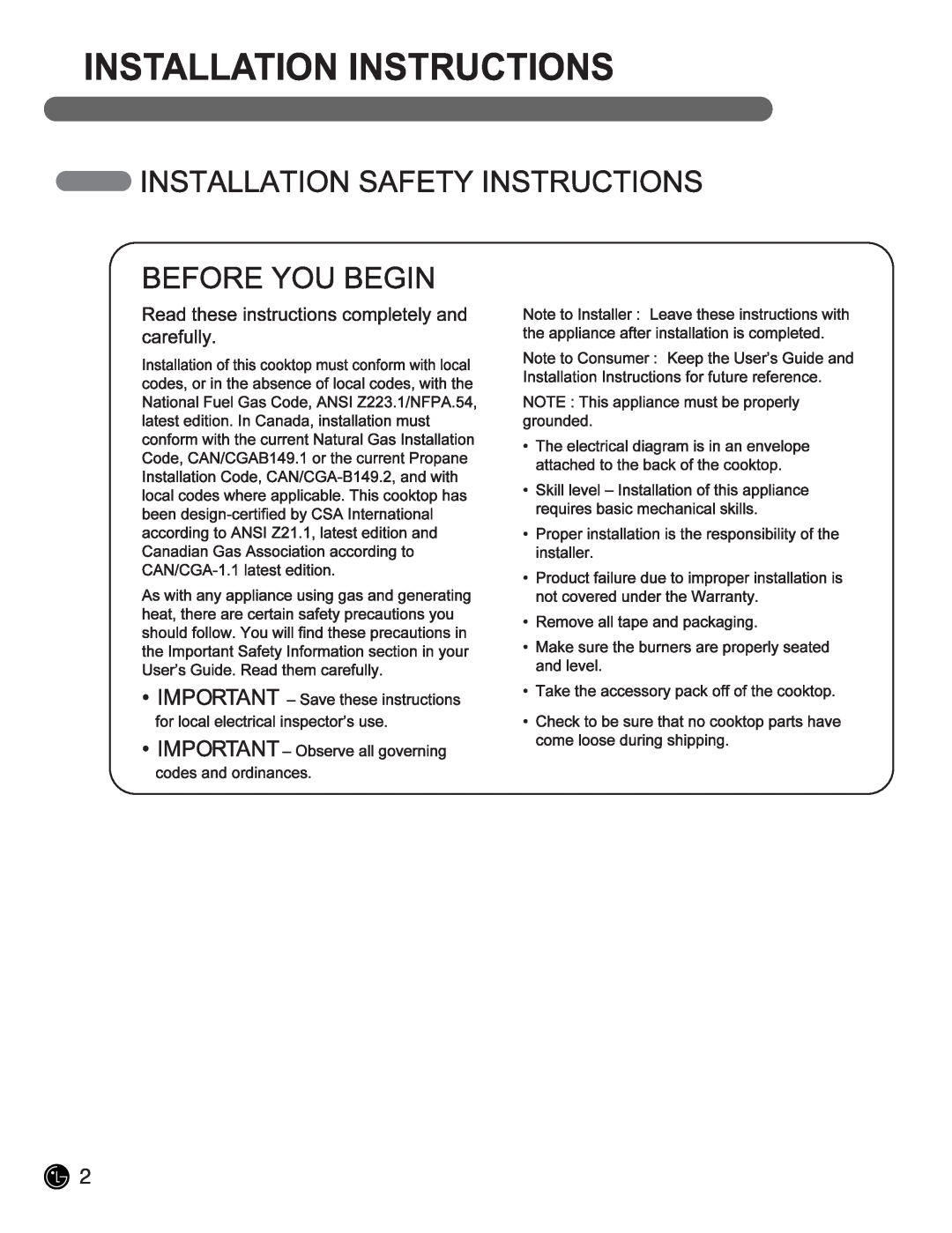 LG Electronics LCG3691ST, LCG3091ST installation manual Installation Instructions 