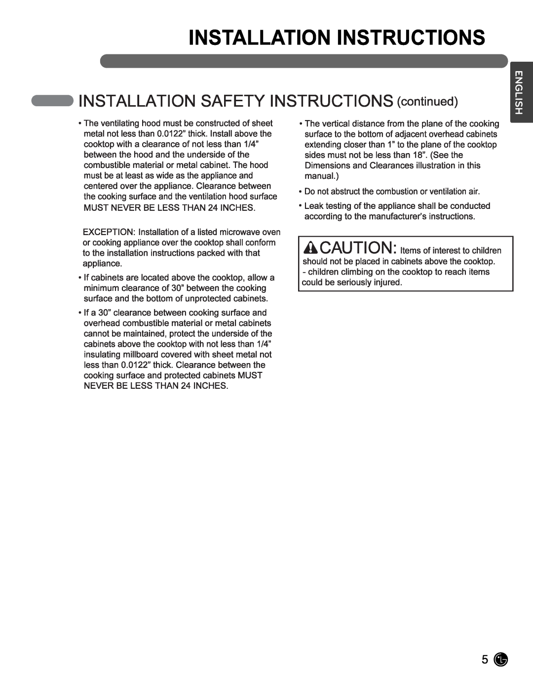 LG Electronics LCG3091ST, LCG3691ST installation manual Installation Instructions, English 