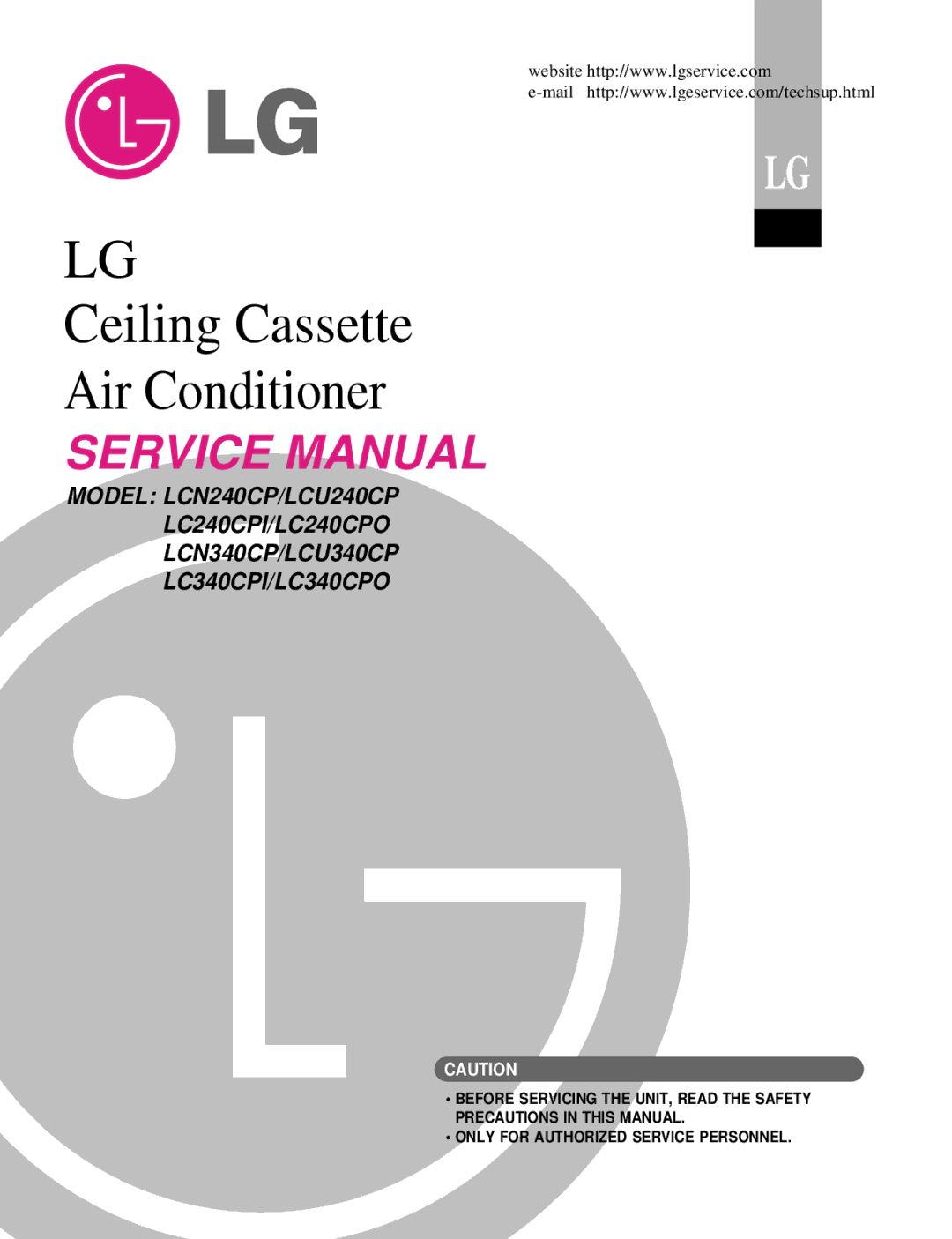 LG Electronics LCN240CP service manual Ceiling Cassette Air Conditioner 